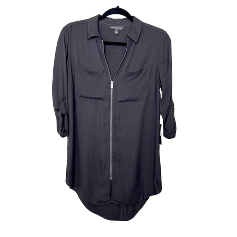 ROCK & REPUBLIC Zip Front Roll Sleeve Mineral Black Tunic Top size XS